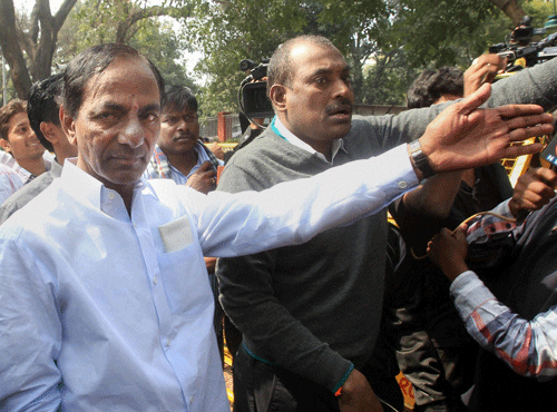 TRS chief K Chandrasekhar Rao leaves after meeting UPA Chairperson Sonia Gandhi at her residence in New Delhi on Sunday. PTI Photo
