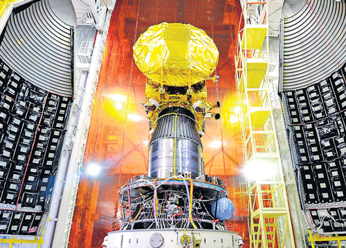 The Mangalyaan Mars Orbiter Spacecraft mounted atop a rocket at the Satish Dhawan Space Center in India. Agency