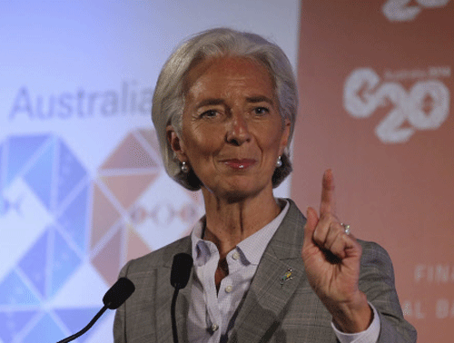 Managing Director of the International Monetary Fund Christine Lagarde gestures as she delivers a closing statement to the media during a press conference at the G-20 Finance Ministers and Central Bank Governors meeting in Sydney, Australia. AP