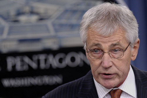 US Defence Secretary Chuck Hagel holds a briefing at the Pentagon, Friday, Feb. 7, 2014. AP