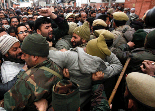 Violent protests broke out in Lolab area of Kashmir today as locals demanded that they be shown the bodies of seven militants killed in an encounter with security forces yesterday. Reuters
