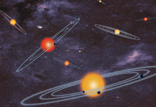 This handout artist conception provided by NASA depicts multiple-transiting planet systems, which are stars with more than one planet. The planets eclipse or transit their host star from the vantage point of the observer. This angle is called edge-on. Our galaxy is looking far more crowded as NASA Wednesday confirmed a bonanza of 715 newly discovered planets circling stars other than our sun. Four of those new planets are in the habitable zones where it is not too hot or not cold. NASA's Kepler planet-hunting telescope nearly doubled the number of planets scientists have discovered in the galaxy, pushing the figure to about 1,700. Twenty years ago, astronomers had not found any planets outside our solar system. AP Photo