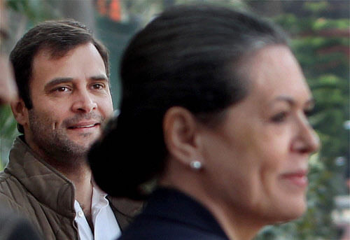 Congress president Sonia Gandhi and vice president Rahul Gandhi after a campaign committee meeting in New Delhi on Thursday. PTI Photo by Manvender Vashist