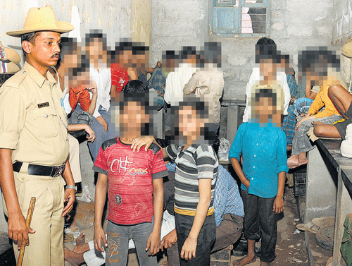 Children rescued from bonded labour at industries in Haleguddadahalli and Janata Colony, Bangalore.