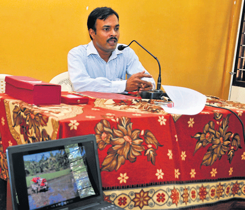 Mangalore Robautonics Pvt Ltd MD and Co-Founder Prajwal Kumar addressing media persons in Mangalore.