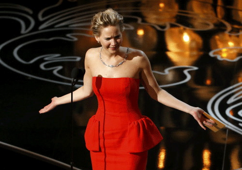 Actress Jennifer Lawrence sported a backwards diamond necklace worth $2 million at the 86th Academy Awards. Reuters photo
