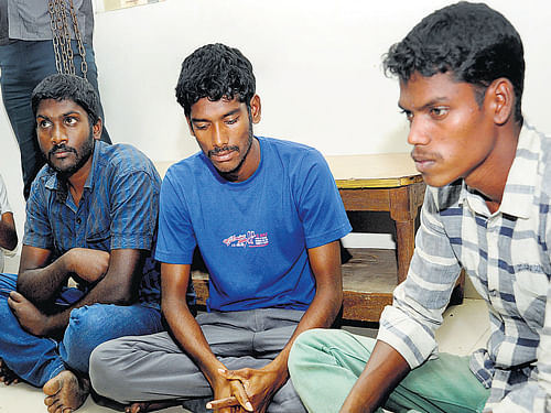 D Shivakumar, Deepan and Suman Kumar, who have been  arrested for the murder of a car driver in 2011. DH Photo