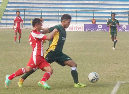 Players in action during a match between Mizoram and Tamilnadu in 68th Santosh Trophy League in Siliguri on Friday. PTI Photo