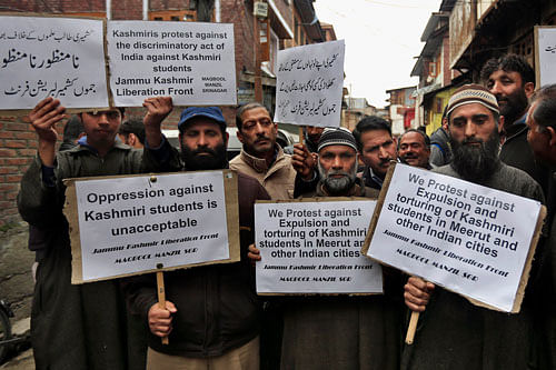 Jammu and Kashmir Liberation Front supporters protest against the treatment of Kashmiri students on Friday. AP