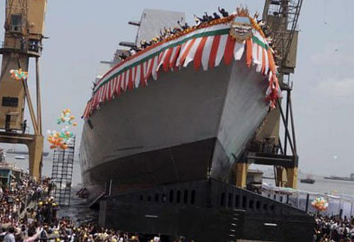 PTI File photo shows a Kolkata-class warship at the Mazagaon Dock Limited