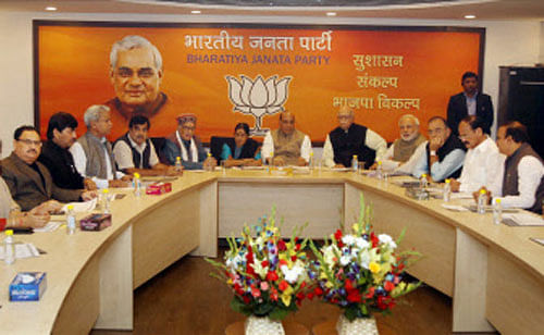 BJP President Rajnath Singh, party's Prime Ministerial candidate Narendra Modi, LK Advani, Sushma Swaraj, Arun Jaitley, Murli Manohar Joshi and other leaders at a meeting of the party's Central Election Committee (CEC), in New Delhi on Saturday. PTI Photo