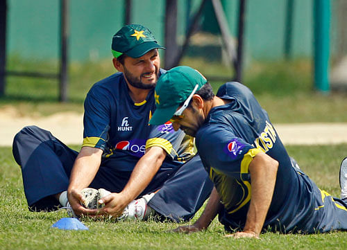 All-rounder Shahid Afridi may join the Pakistan squad late for the forthcoming T20 World Cup in Bangladesh due to a groin injury he sustained during the recent Asia Cup tournament. AP File Photo