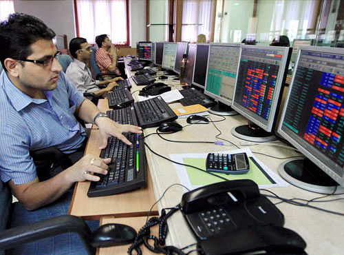 The BSE benchmark index Sensex today receded from record high level by losing 108 points to close at 21,826.42, with investors booking profit at higher levels snapping five days of straight gains. PTI File Photo