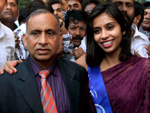 Reacting to the US court verdict, her father Uttam Khobragade said, ''They tried to trap Devyani with a false complaint against her. I thank the Indian government and the Indians for their cooperation and help. She will go back to America with full diplomatic immunity''. PTI file photo of Devyani with her father, Uttam Khobragade.
