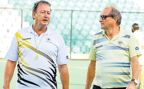 Hockey India's High Performance Director Roelant Oltmans (right) and chief coach Terry&#8200;Walsh during the senior men's team camp in New Delhi on Thursday. PTI