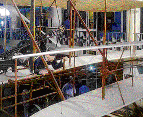 A model of 'Wright Flyer-1', the 1903 Wright Brothers'  aeroplane, is on display at the Visvesvaraya Museum in the City. The museum is getting an advanced model of the flyer, ahead of its golden jubilee celebrations. DH Photo