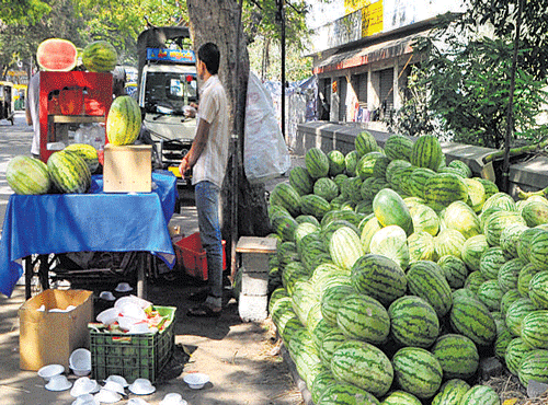 Thanks to the rising temperature of the City, an increasing number of tender coconut and watermelon vendors can be spotted on the roads, DH Photo