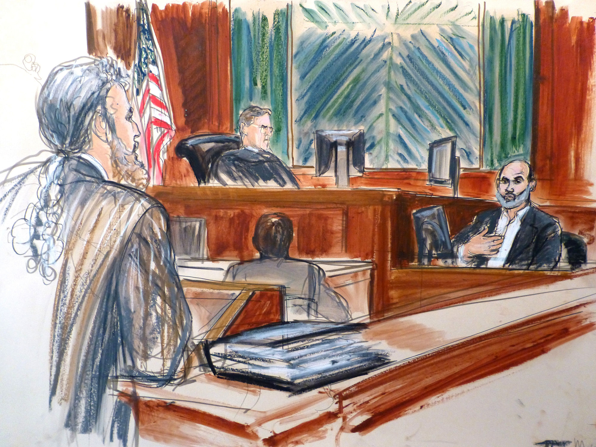 In this courtroom sketch, Osama bin Laden's son-in-law Sulaiman Abu Ghaith, right, testifies at his trial Wednesday, March 19, 2014, in New York, on charges he conspired to kill Americans and aid al-Qaida as a spokesman for the terrorist group. Listening to testimony are Judge Lewis Kaplan, center, and defense attorney Stanley Cohen, at podium. In his surprise testimony, Abu Ghaith recounted the night of the Sept. 11, 2001, attacks, when the al-Qaida leader sent a messenger to drive him into a mountainous area for a meeting inside a cave in Afghanistan. 'Did you learn what happened? We are the ones who did it,' Abu Ghaith, recalled bin Laden telling him. (AP Photo)