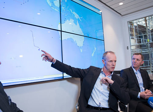 Sebjoern Dahl, Hoegh Autoliners, left, Sturla Henriksen, managing director of the Norwegian Shipowners Association, centre, and Ingar Skiaker, CEO of Hoegh Autoliners brief the press in Oslo Thursday March 20, 2014 on the movements of the ship 'Hoegh St. Petersburg'. The ship is engaged in searching for possible debris from missing Malaysian Air flight MH370 plane in the Indian Ocean, south-west of Australia. AP