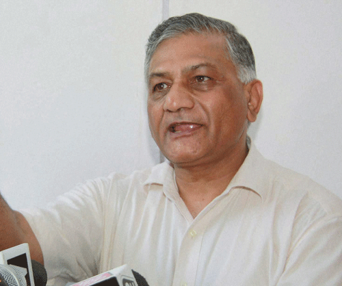 Former Army Chief and BJP candidate V K Singh today filed his nomination papers from Ghaziabad Lok Sabha constituency. PTI photo