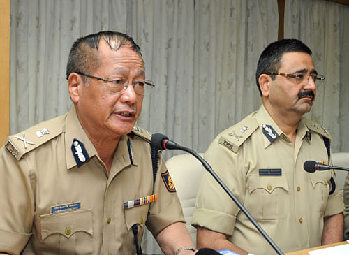 Police Commissioner Raghavendra Auradkar and IG & DGP Lalrokhuma Pachuau hold a press conference to talk about the St. Peter Seminary Rector Fr. Thomas murder case in Bangalore on Friday. DH
