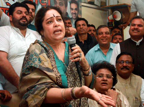 BJP Lok Sabha candidate actress Kirron Kher addresses a meeting at the party office in Chandigarh. PTI Image