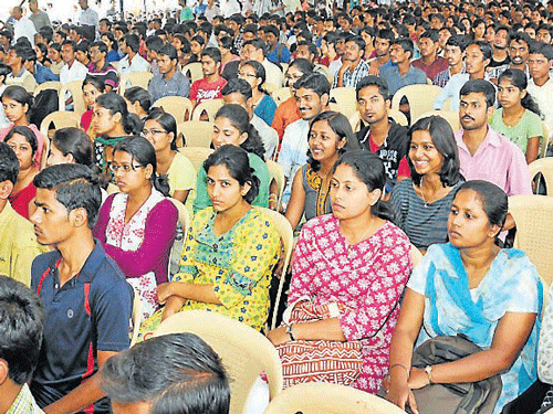 Students attend the opening of the Golden Jubilee Auditorium at Sri Jayachamarajendra College of&#8200;Engineering , in Mysore, on Saturday. DH Photo