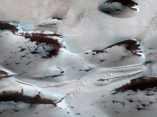 Mars' northern-most sand dunes are seen as they begin to emerge from their winter cover of seasonal carbon dioxide (dry) ice in this image acquired by the HiRISE camera aboard NASA's Mars Reconnaissance Orbiter January 16, 2014. The steep lee sides of the dunes are also ice-free along the crest, allowing sand to slide down the dune. Dark splotches are places where ice cracked earlier in spring, releasing sand, according to a NASA news release. REUTERS