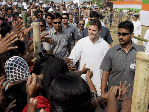 Congress Vice President Rahul Gandhi meeting supporters at an election rally at Koroimura in Sipahijala district of Tripura on Tuesday. PTI Photo