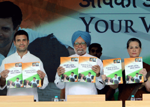 Prime Minister Manmohan Singh, Congress President Sonia Gandhi, party and Vice President Rahul Gandhi releasing the party's election manifesto titled 'Your Voice Our Pledge' at AICC Headquarters in New Delhi on Wednesday. PTI Photo