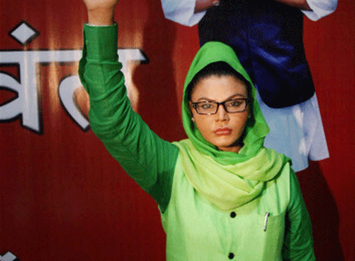 Bollywood item girl Rakhi Sawant at a press conference in Mumbai on Wednesday. She will contest the Lok Sabha elections from the Mumbai North-West constituency. PTI Photo