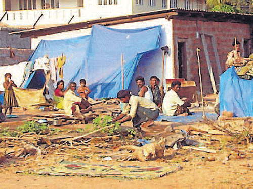 The migrant labourers from Andhra Pradesh and West Bengal at their sheds at Meenakaliya, Panambur in Mangalore. DH Photo