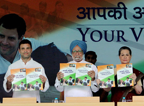 Prime Minister Manmohan Singh, Congress President Sonia Gandhi and party Vice President Rahul Gandhi releasing the party's election manifesto titled 'Your Voice Our Pledge' at AICC Headquarters in New Delhi on Wednesday. PTI Photo