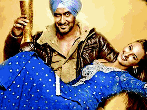 Actors Ajay Devgn and Sonakshi Sinha were announced the worst actors of 2013 at the Golden Kela Awards held here Saturday. / Movie poster of 'Son of Sardaar'