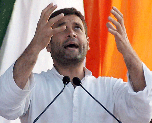 Congress Vice President Rahul Gandhi addresses an election campaign meeting for Lok Sabha elections in Saharanpur on Saturday. PTI Photo