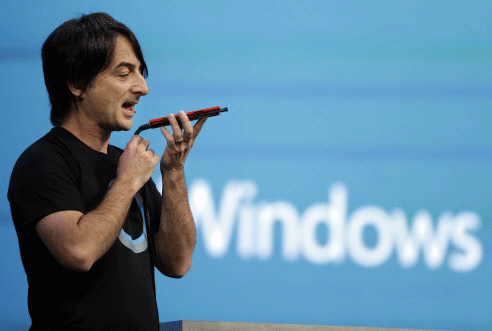Microsoft corporate vice president Joe Belfiore, of the Operating Systems Group, demonstrates the new Cortana personal assistant during the keynote address of the Build Conference Wednesday, April 2, 2014, in San Francisco. Microsoft kicked off its annual conference for software developers, with new updates to the Windows 8 operating system and upcoming features for Windows Phone and Xbox. AP photo