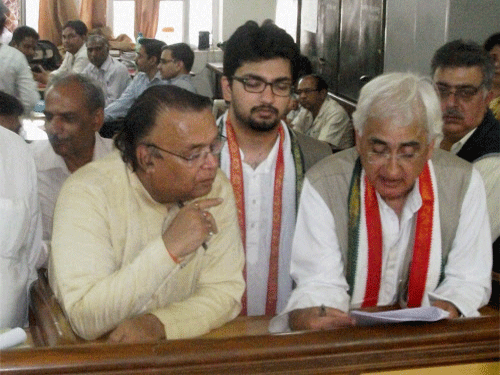 Salman Khurshid files his nomination papers in Farrukhabad on Thursday. PTI Photo