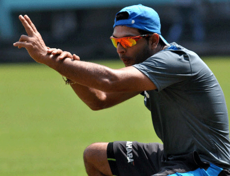 Yuvraj Singh, who had to skip the team's practice session on Wednesday, was put through certain drills by team physio Nitin Patel in what appeared to be a fitness test. PTI File Photo