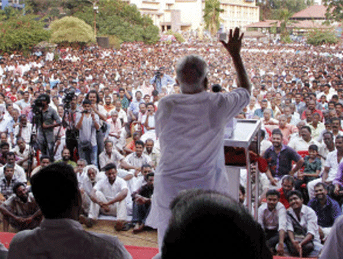 Kerala opposition Leader V S Achuthanandan addressing a rally as part of LDF's support for independent candidate candidate Innocent at Perumbavoor in Chalakudy, PTI photo
