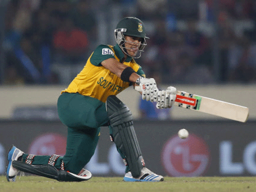 JP Duminy plays a shot during their ICC Twenty20 Cricket World Cup semi-final match against India. AP Photo