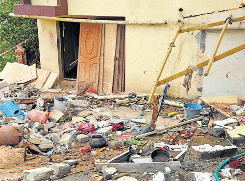 Household articles strewn following an explosion due to LPG&#8200;leakage at Kadri Rock Road in Mangalore on Friday.