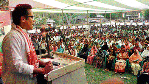 Congress candidate Gourav Gogoi addresses a rally of party supporters. Dasarath Deka