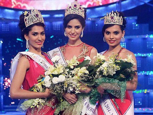 ( L-R) Jhataleka Malhotra (Fbb Femina Miss India 2014 1st runner-up), Koyal Rana (Fbb Femina Miss India World 2014), and Gail Da'Silva (Fbb Femina Miss India 2014 2nd runner-up) after Femina Miss India competition in Mumbai. PTI Photo