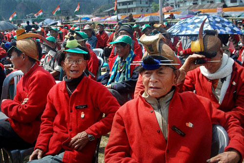 Village heads take part in Congress Vice President Rahul Gandhi's election rally in Ziro, Arunachal Pradesh, PTI photo