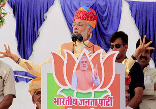 BJP Prime Ministerial candidate Narendra Modi addresses an election rally at Jayal in Nagaur district of Rajasthan on Monday. PTI Photo