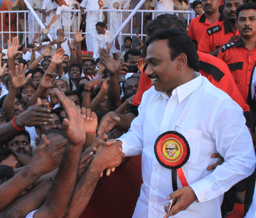 Nilgiri DMK Candidate A Raja meets his supporters during the Election Campaign Rally in Tirupur on Sunday. Will 2G tainted A Raja get second term in Nilgiris? PTI Photo