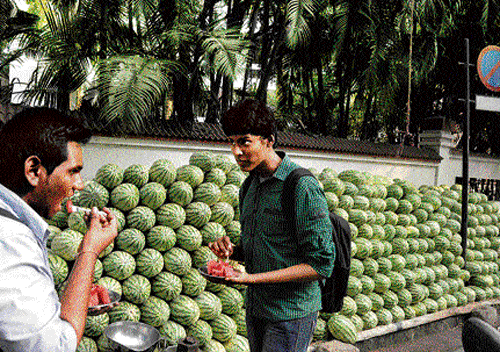 Thirst-quenching : Customers savour watermelons at a roadside stall at Vyalikaval in Bangalore on Wednesday. The fruit has been in great demand ever since mercury levels rose. dh photo