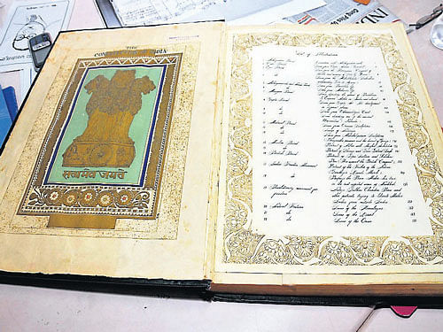 Original copy of the Constitution of India preserved at Sarada Vilas Educational Institutions. DH Photo
