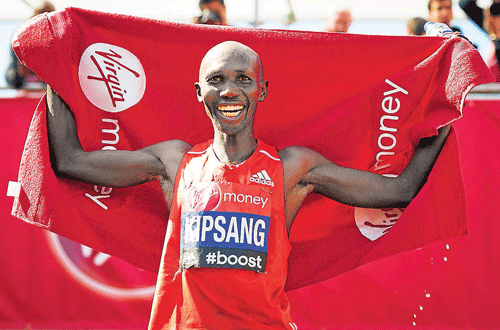 Wilson Kipsang can't hide his joy after winning the London Marathon on Sunday. Reuters photo