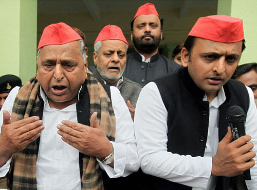 Samajwadi Party (SP) supremo Mulayam Singh Yadav and UP Chief Minister Akhilesh Yadav on Monday sprang to the defence of their 'controversial' colleague and state minister Azam Khan and slammed the Election Commission (EC) for taking action against him for alleged provocative speeches. AP file photo